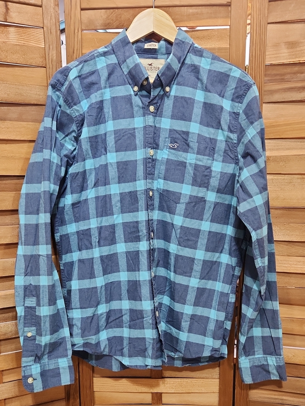 Hollister Stretch Navy Teal Plaid Button-Down Shirt Long Sleeve Men XL Cotton